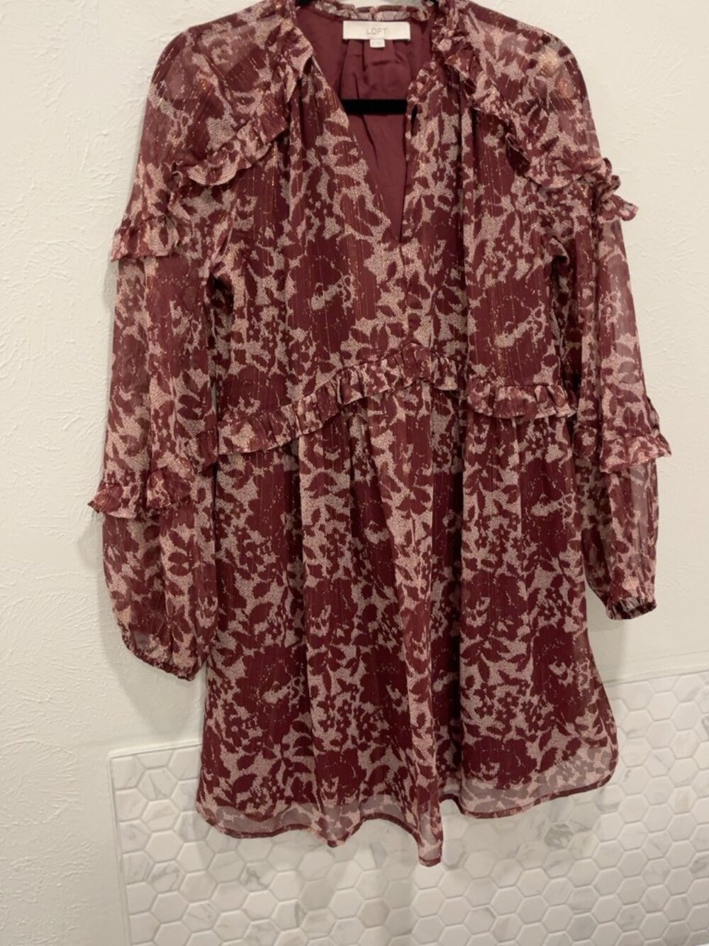 LOFT Burgundy Floral Ruffle Long Sleeve Dress Size M